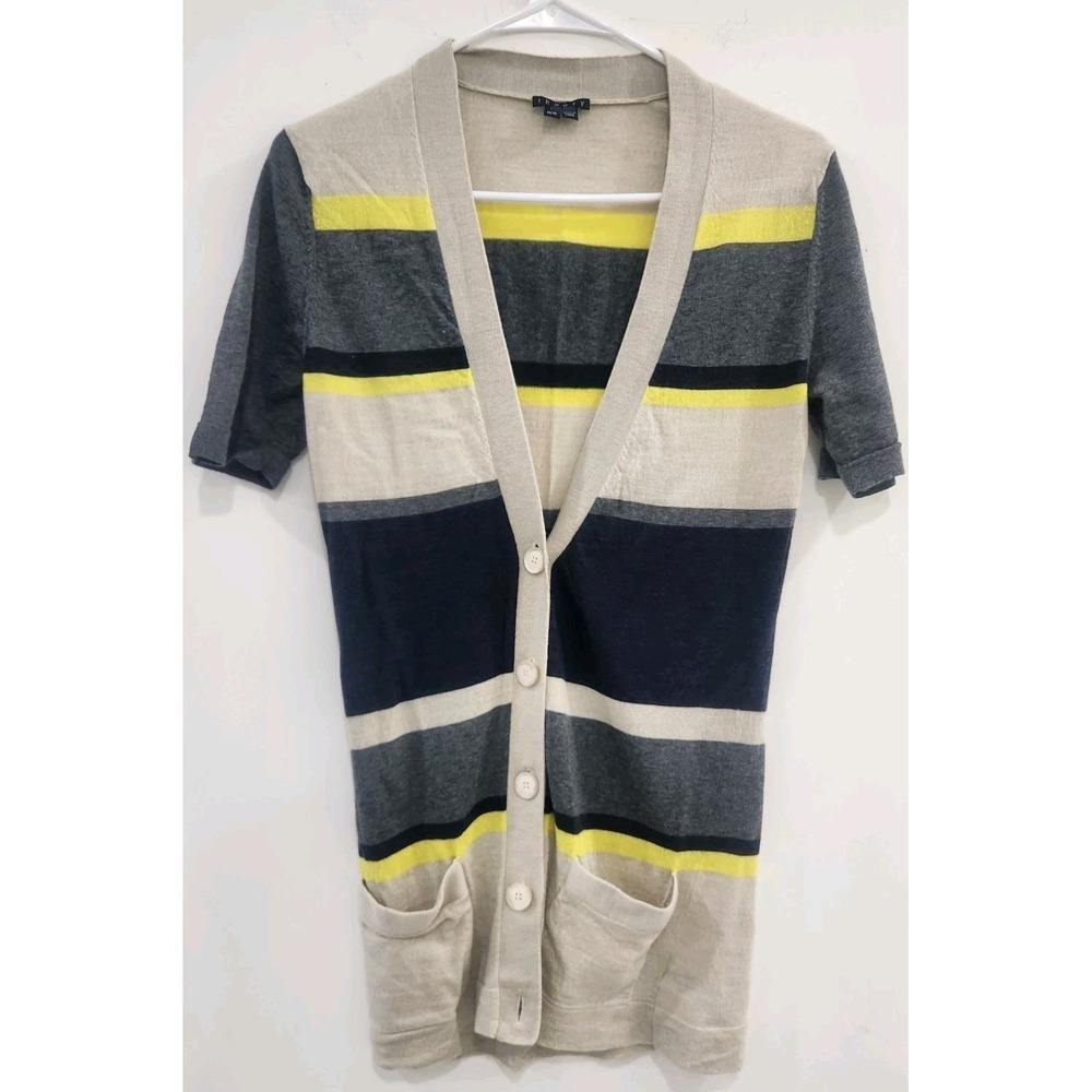 Theory Womens 100% Wool Striped Short Sleeve Cardigan Sweater Navy Yellow Size M